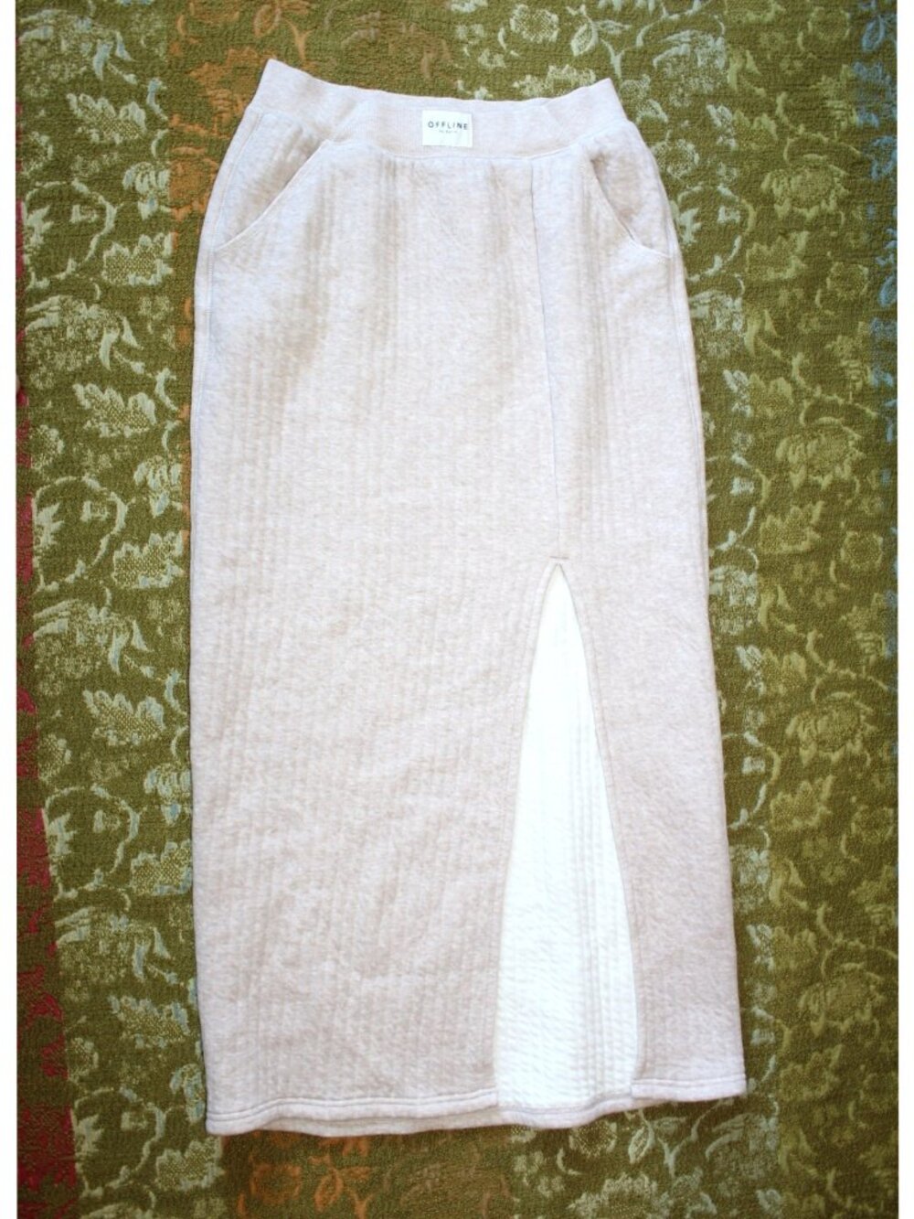 OFFLINE by Aerie Quilted Ribbed Maxi Skirt Size S/P front Slit Quilted oatmeal